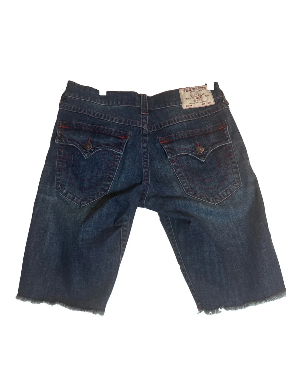 True Religion Men’s Indigo Denim Cutoff Shorts with Red Stitching